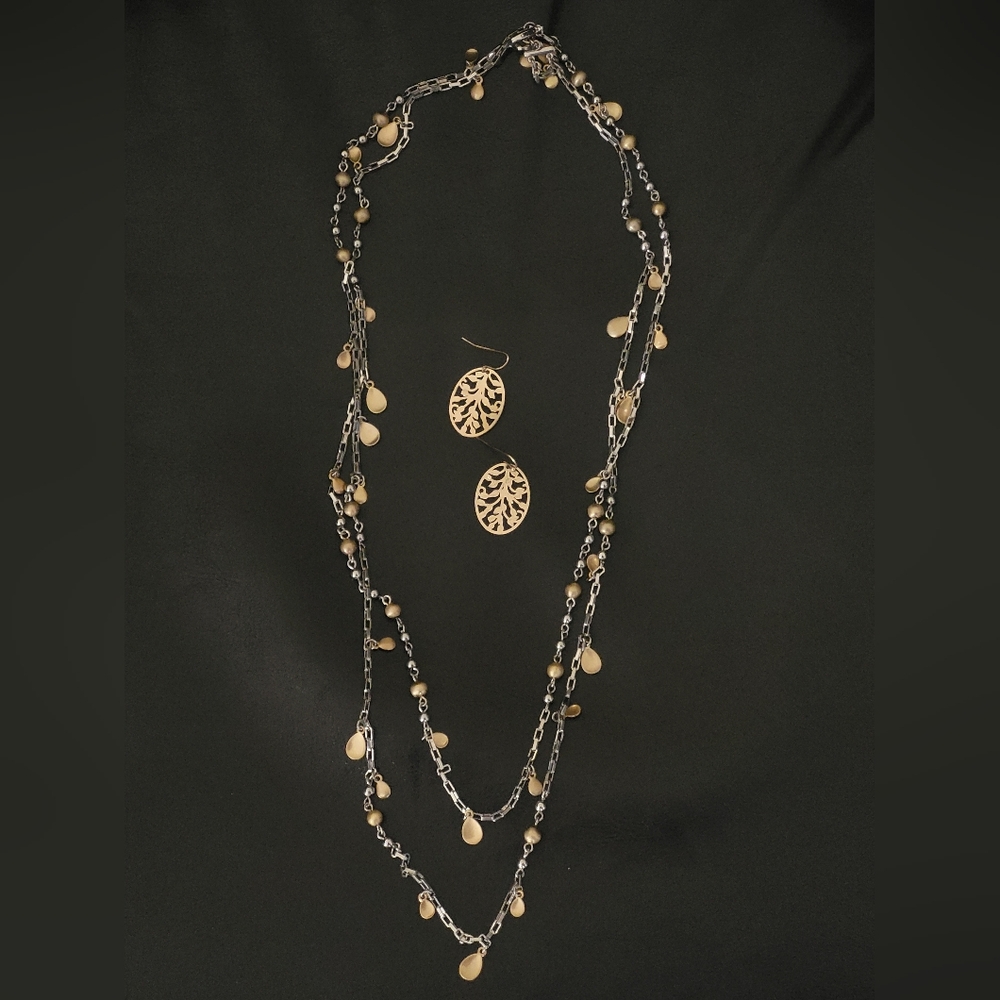Long silver & gold tone necklace tree of life earrings